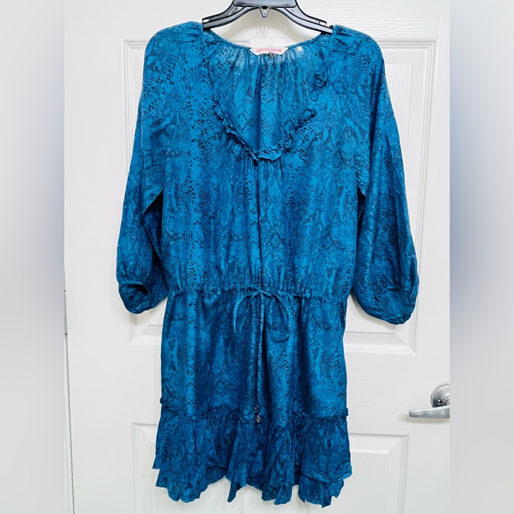 Rebecca Taylor Teal and Black Snake Patterned Short Silk Dress